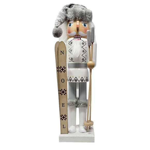 Male Skier with Noel Skis Gray Knit Hat, Ski Poles 14" Christmas Nutcracker - Picture 1 of 4